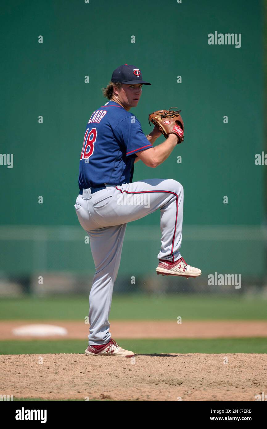 Minnesota Twins pitcher Jordan Carr (18) during a MiLB Spring Training game against the Tampa