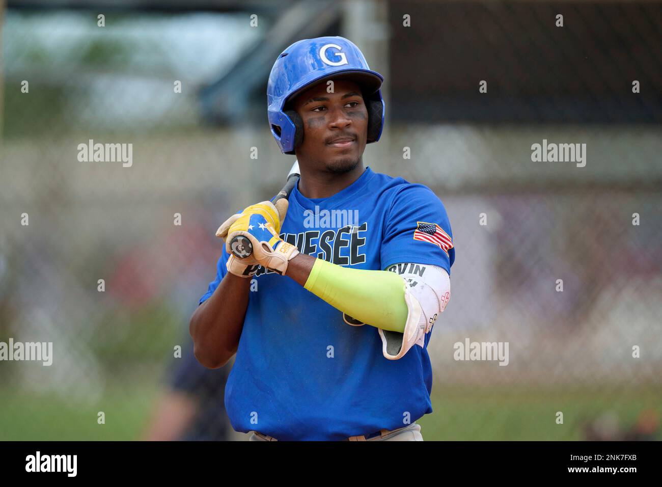 Genesee Community College Cougars Girvin Finch 3 bats during an