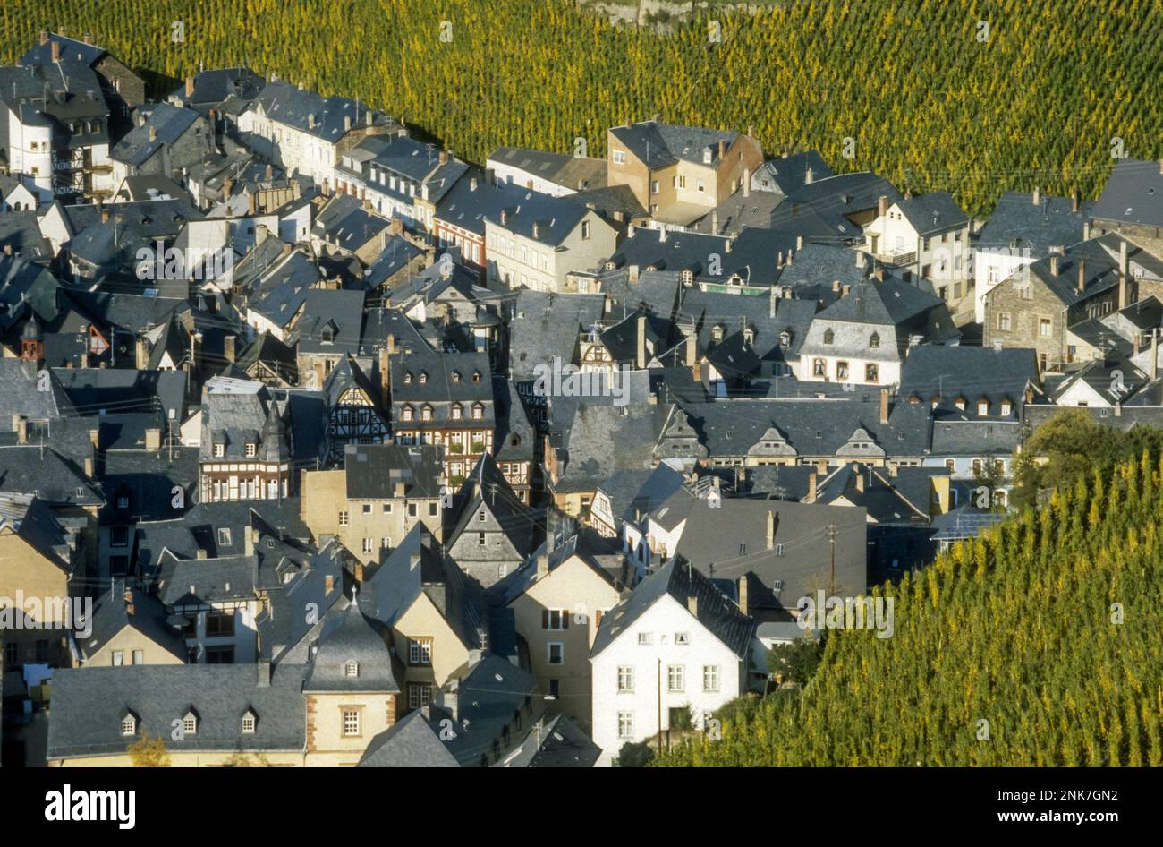 1984 archive image of the town of Bernkastel-Kues in the vine fields of the Middle Moselle valley. Stock Photo