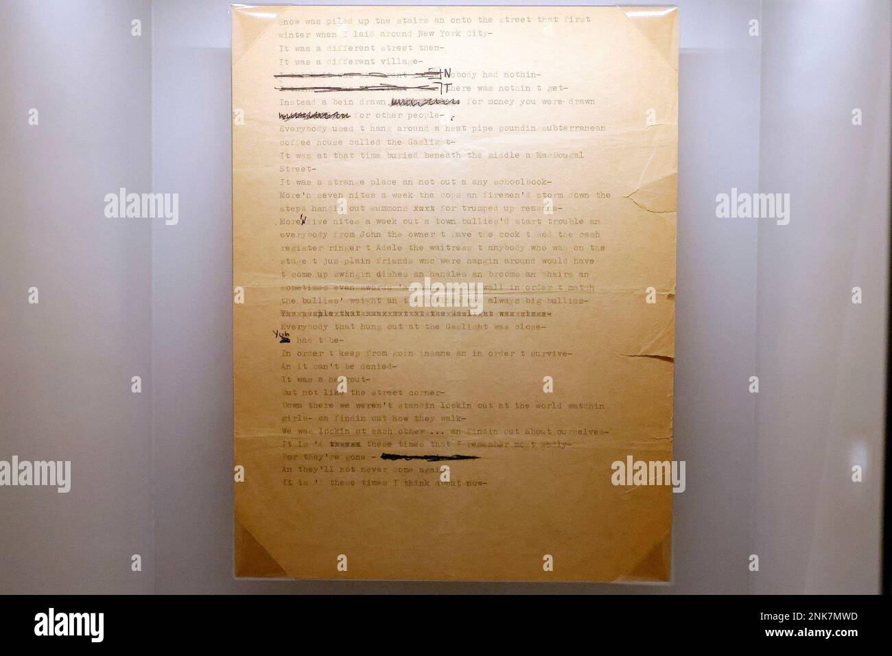Bob Dylan's liner notes for the "Peter, Paul and Mary" album "In the Wind"  on display at the Bob Dylan Center Tuesday, May 10, 2022, in Tulsa, Okla.  (Mike Simons/Tulsa World via