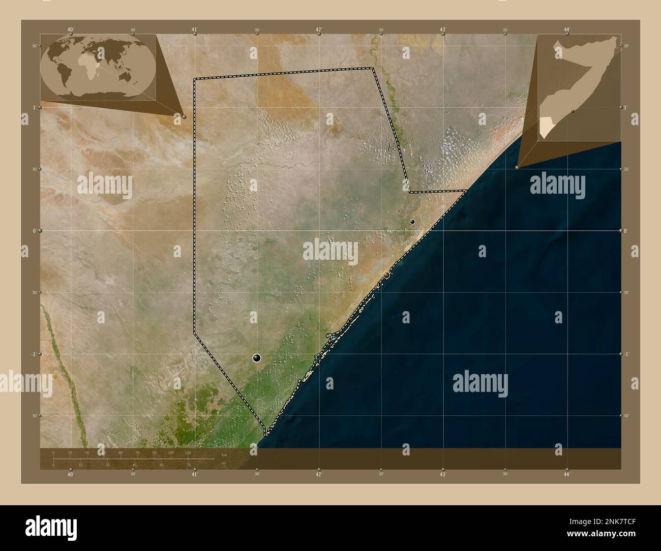 Jubbada Hoose, region of Somalia. Low resolution satellite map. Locations of major cities of the region. Corner auxiliary location maps Stock Photo