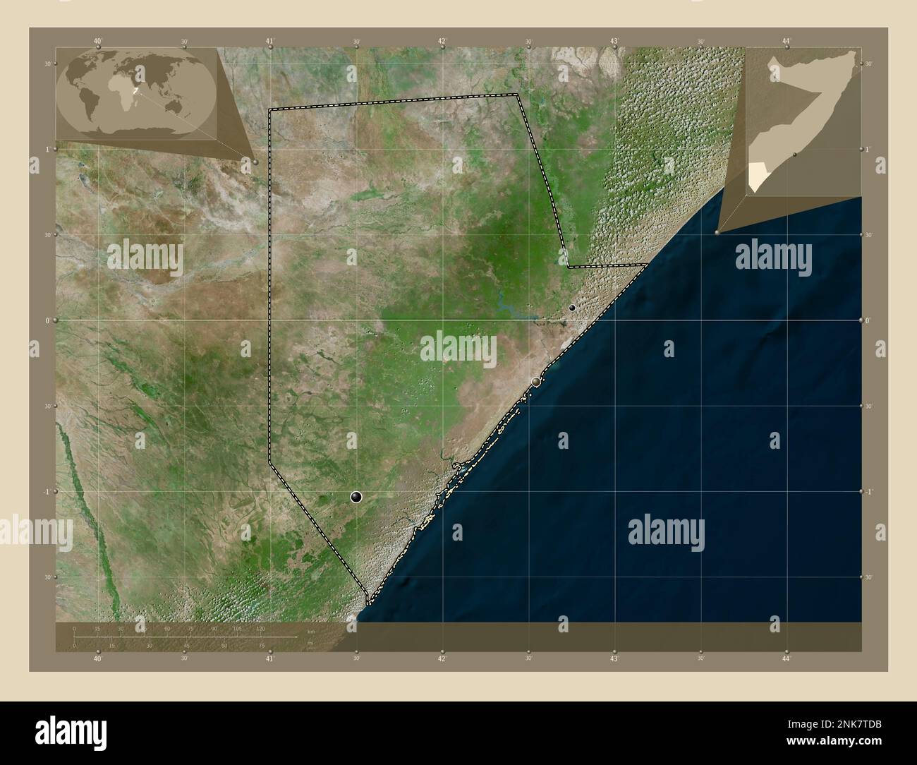 Jubbada Hoose, region of Somalia. High resolution satellite map. Locations of major cities of the region. Corner auxiliary location maps Stock Photo