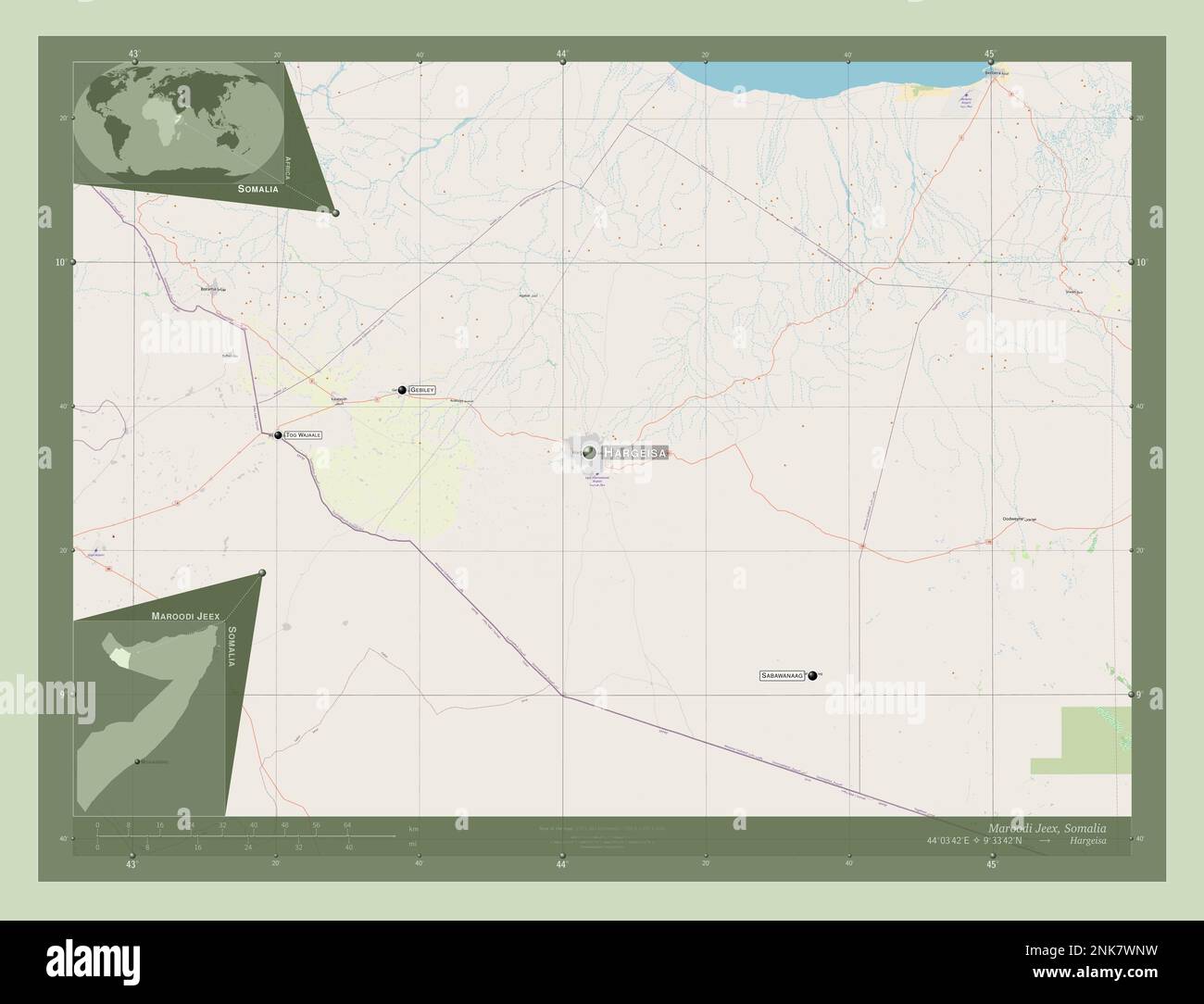 Maroodi Jeex, region of Somalia. Open Street Map. Locations and names ...