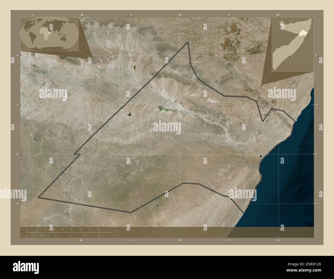 Nugaal, region of Somalia. High resolution satellite map. Locations of major cities of the region. Corner auxiliary location maps Stock Photo