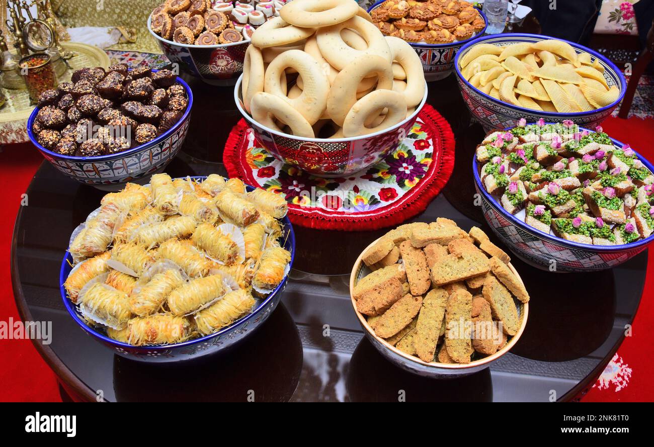 Moroccan biscuits served with tea offered at the wedding and Eid alFitr. morocco cookies Stock