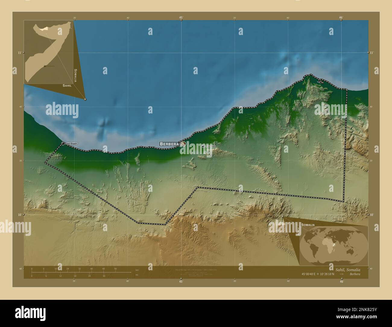 Sahil, Region Of Somalia. Colored Elevation Map With Lakes And Rivers ...