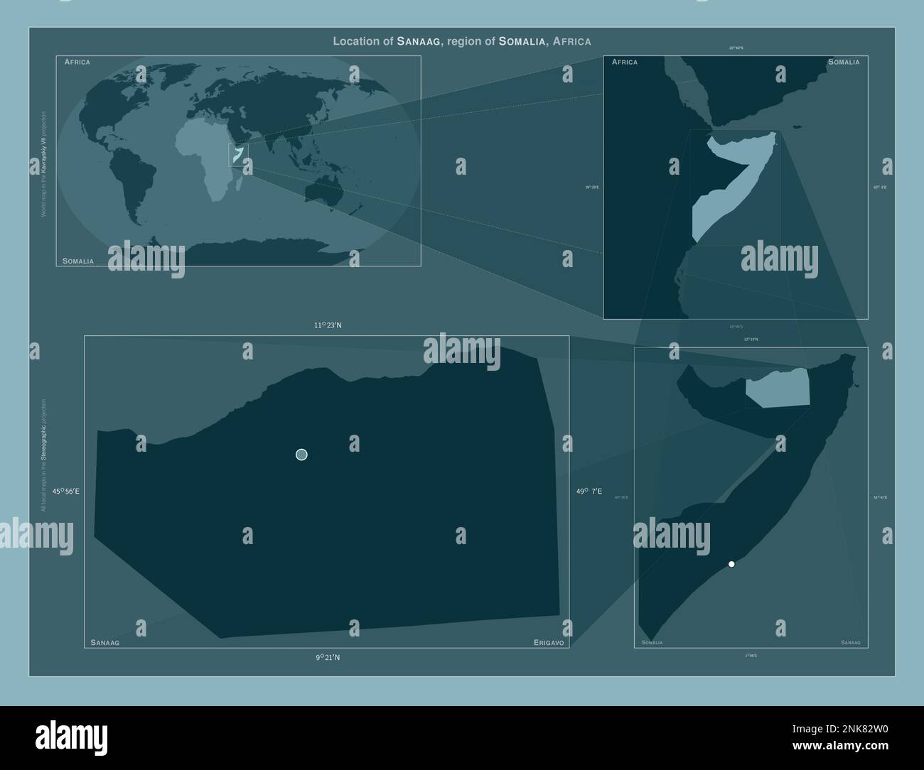 Sanaag, region of Somalia. Diagram showing the location of the region on larger-scale maps. Composition of vector frames and PNG shapes on a solid bac Stock Photo