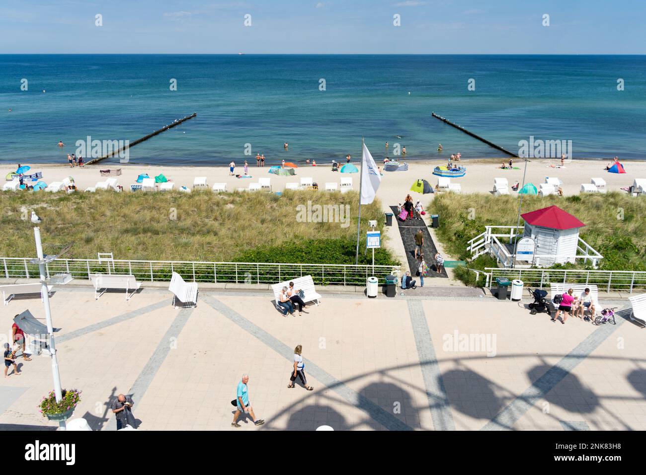 bird's eye view from the ferris wheel of the beach of Kuehlungsborn Mecklenburg Western Pomerania. Summer vacation in Germany Stock Photo