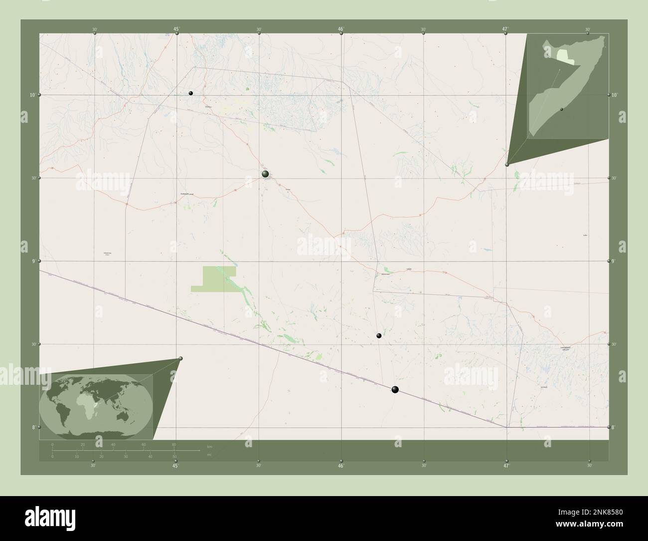 Togdheer, region of Somalia. Open Street Map. Locations of major cities of the region. Corner auxiliary location maps Stock Photo