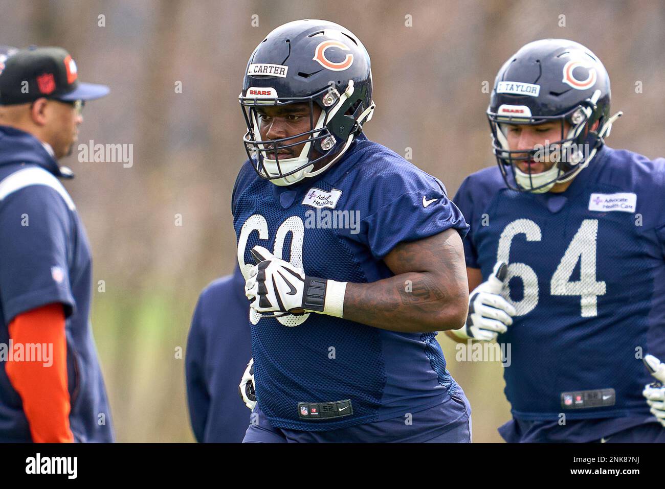 Chicago Bears guard Ja'Tyre Carter (69) looks on during the first half of  an NFL football game against the Minnesota Vikings, Sunday, Oct. 9, 2022,  in Minneapolis. (AP Photo/Abbie Parr Stock Photo 