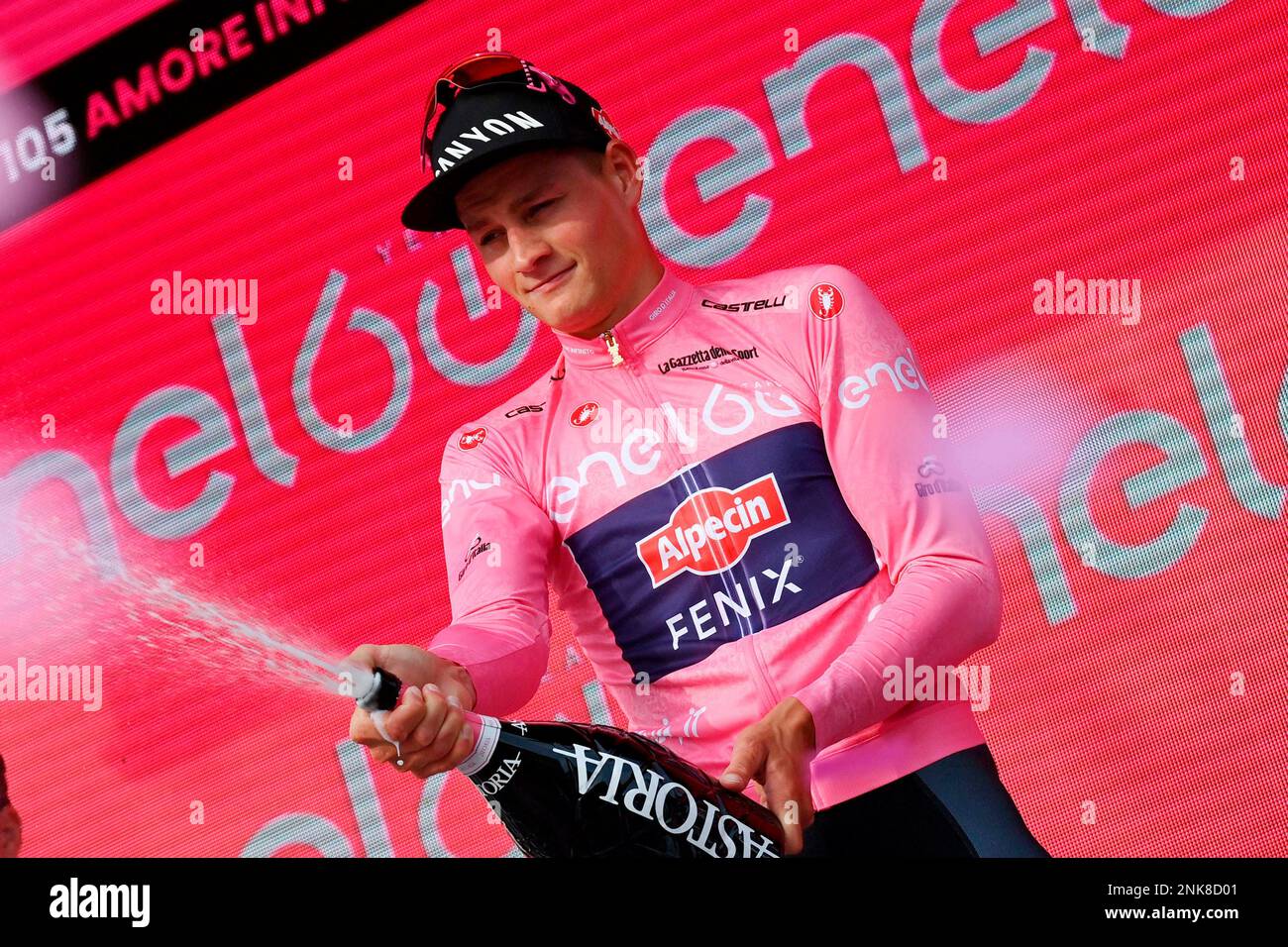 Dutch rider Mathieu van der Poel celebrates on the podium as he wears ...