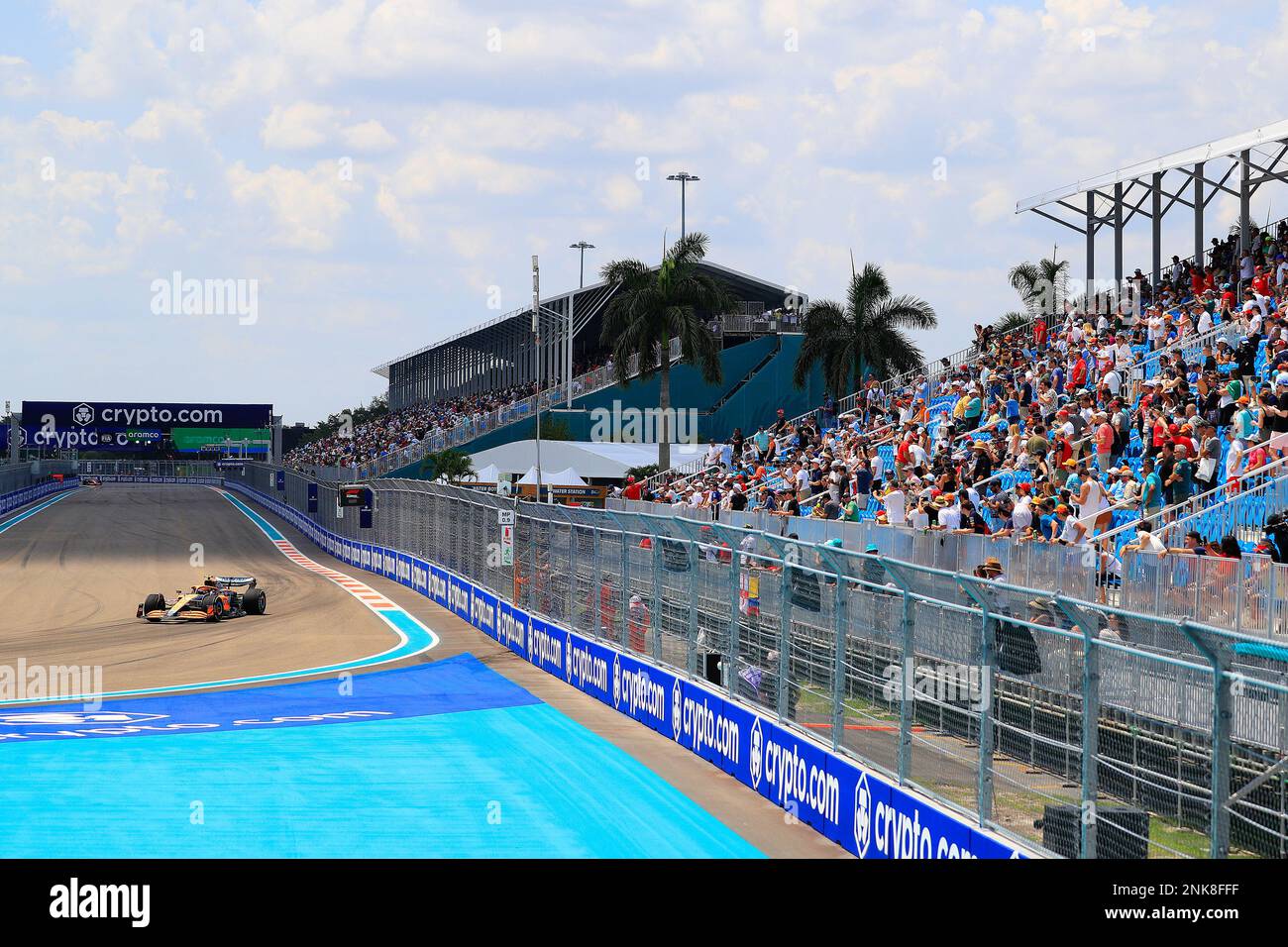 MIAMI GARDENS, FL - MAY 06: Fans in the Turn 1 North Grandstand watch first  practice for the Crypto.com Miami Grand Prix on May 6, 2022 at the Miami  International Autodrome in