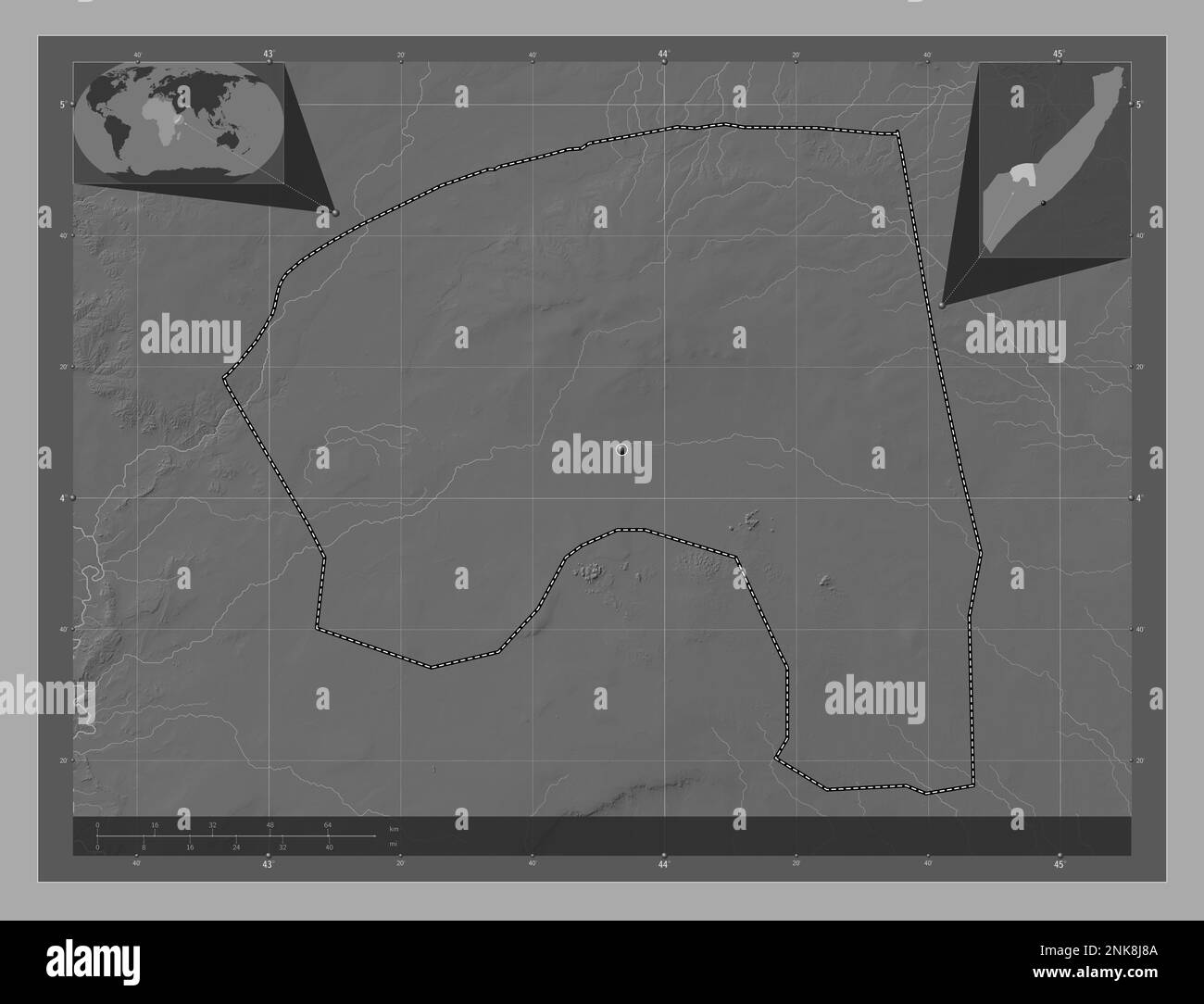 Bakool, region of Somalia Mainland. Bilevel elevation map with lakes ...