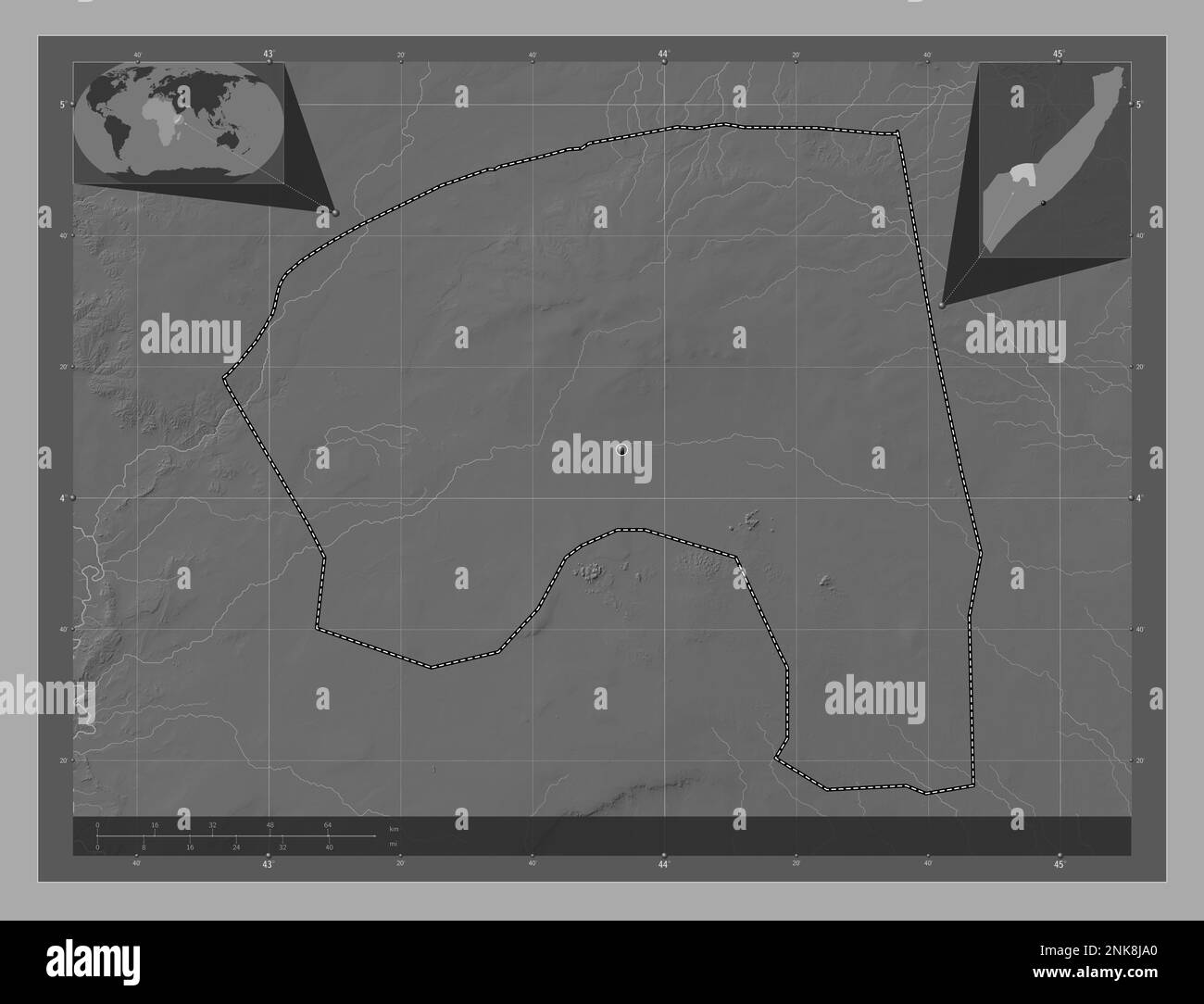 Bakool, region of Somalia Mainland. Bilevel elevation map with lakes ...
