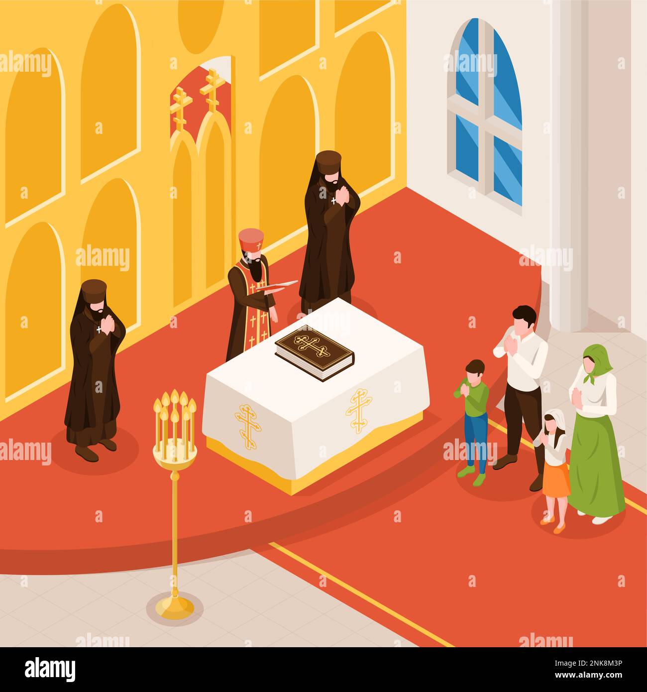 Orthodox christian isometric background with church symbols vector 
