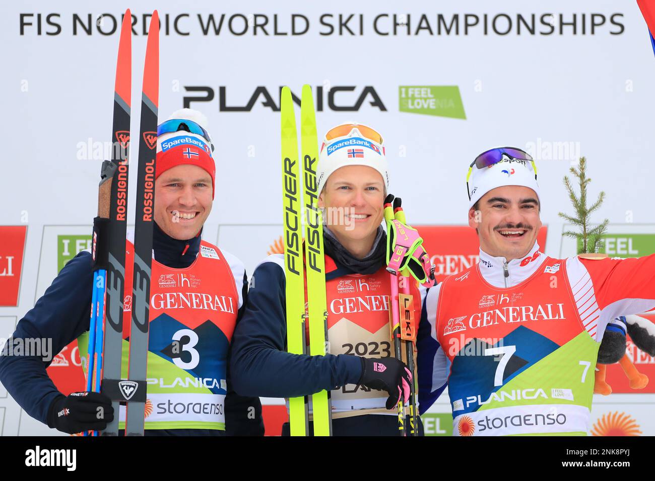 Planica Nordic Centre, Planica, Slovenia. 24th Feb, 2023. FIS Nordic World Ski Championships 2023; Sprint Event, Sprint Event, First-placed Norway's Johannes Hoesflot Klaebo, second-placed Norway's Paal Golberg and third-placed France's Jules Chappaz Credit: Action Plus Sports/Alamy Live News Stock Photo