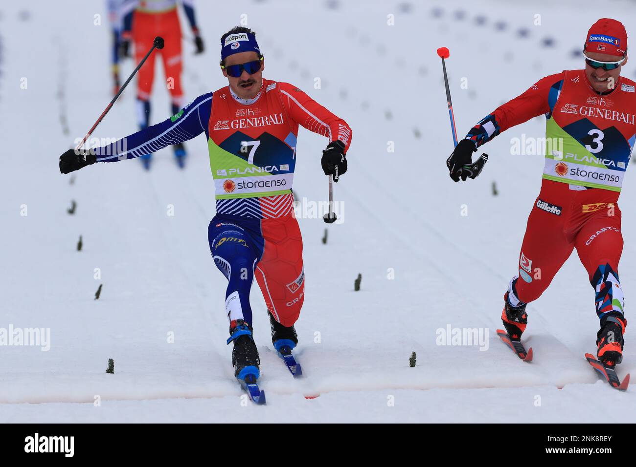 Planica Nordic Centre, Planica, Slovenia. 24th Feb, 2023. FIS Nordic World Ski Championships 2023; Sprint Event, second-placed Norway's Paal Golberg and third-placed France's Jules Chappaz Credit: Action Plus Sports/Alamy Live News Stock Photo
