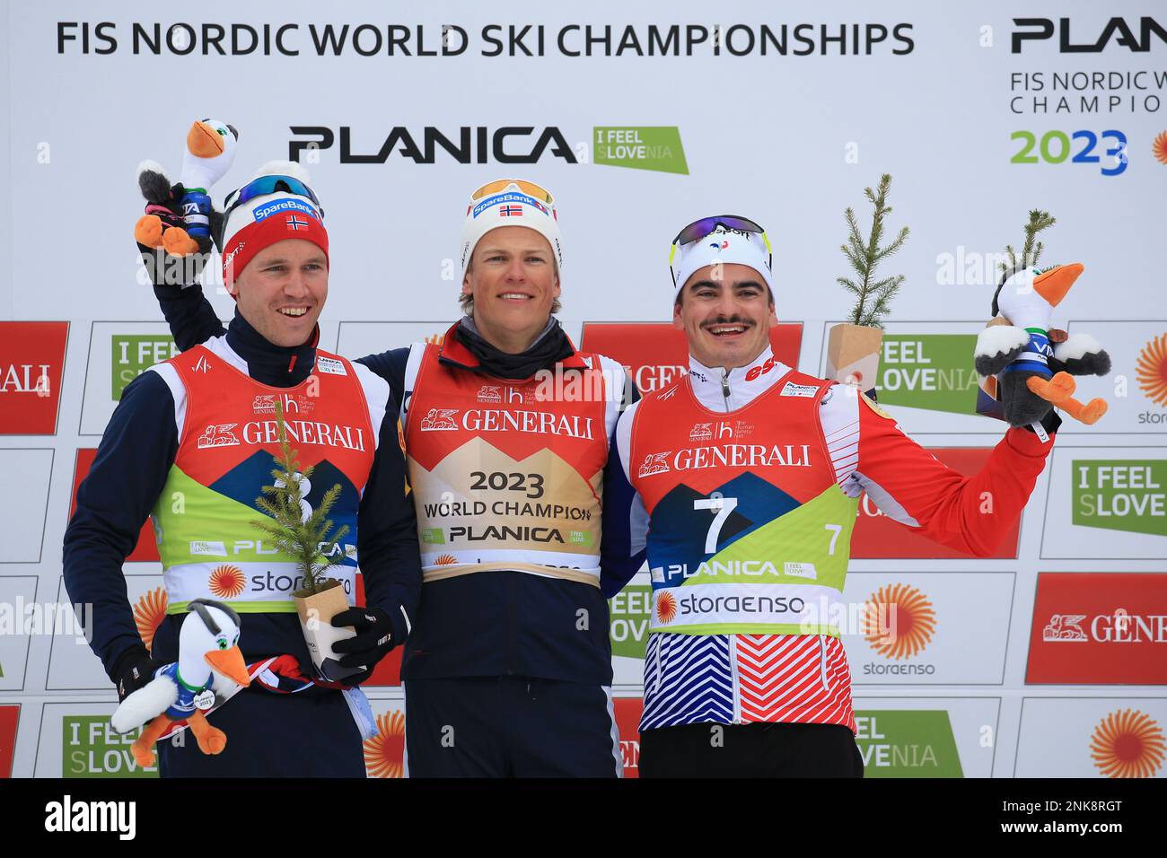 Planica Nordic Centre, Planica, Slovenia. 24th Feb, 2023. FIS Nordic World Ski Championships 2023; Sprint Event, First-placed Norway's Johannes Hoesflot Klaebo, second-placed Norway's Paal Golberg and third-placed France's Jules Chappaz Credit: Action Plus Sports/Alamy Live News Stock Photo