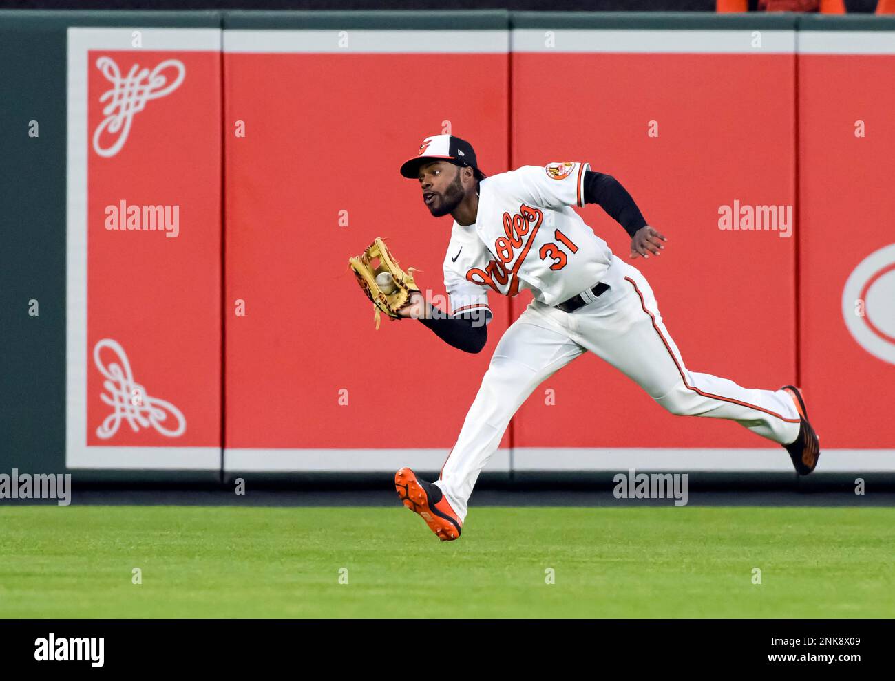 BALTIMORE, MD - MAY 03: Baltimore Orioles center fielder Cedric Mullins  (31) makes a running catch during the Minnesota Twins game versus the  Baltimore Orioles on May 3, 2022 at Orioles Park