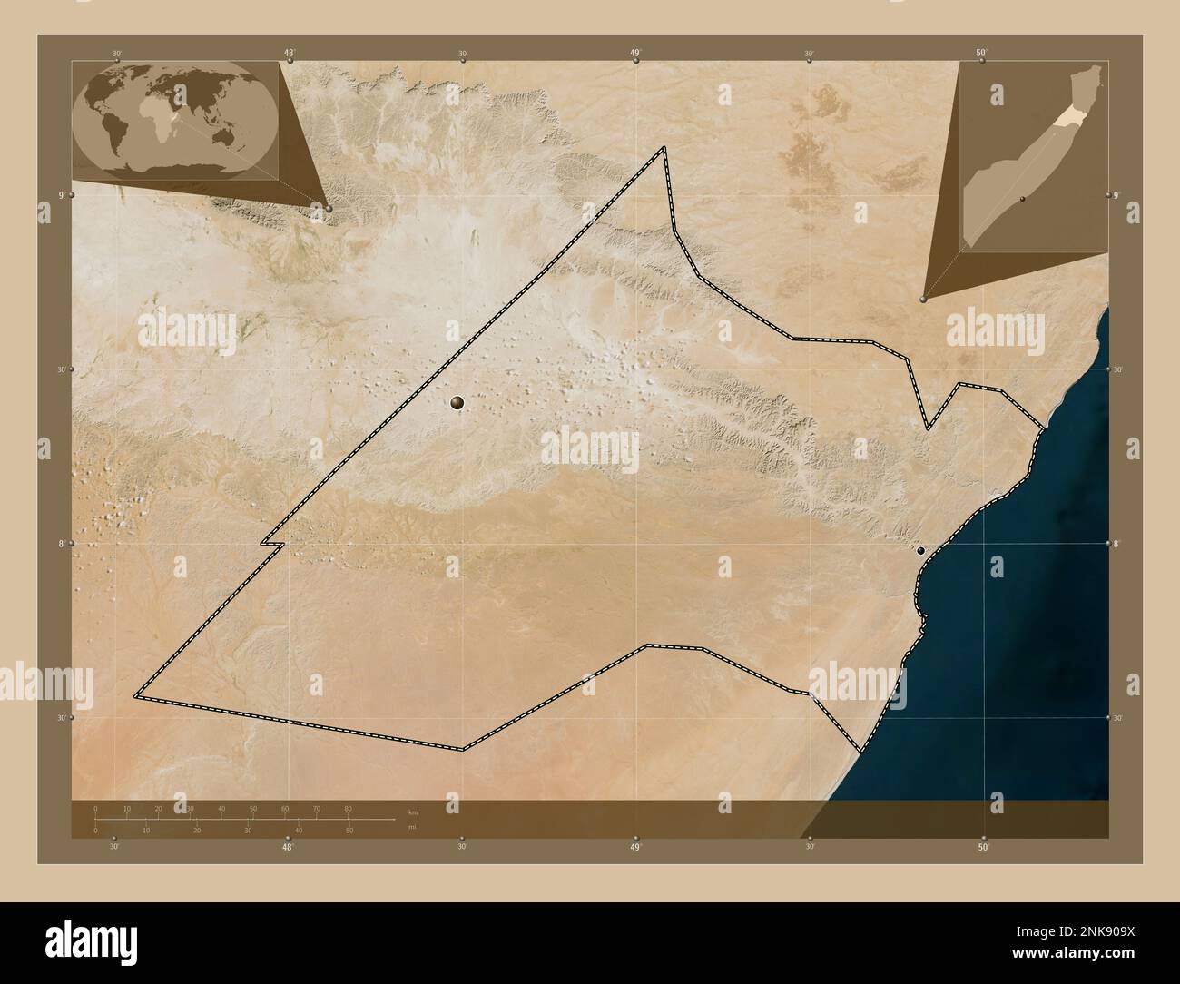 Nugaal, region of Somalia Mainland. Low resolution satellite map. Locations of major cities of the region. Corner auxiliary location maps Stock Photo