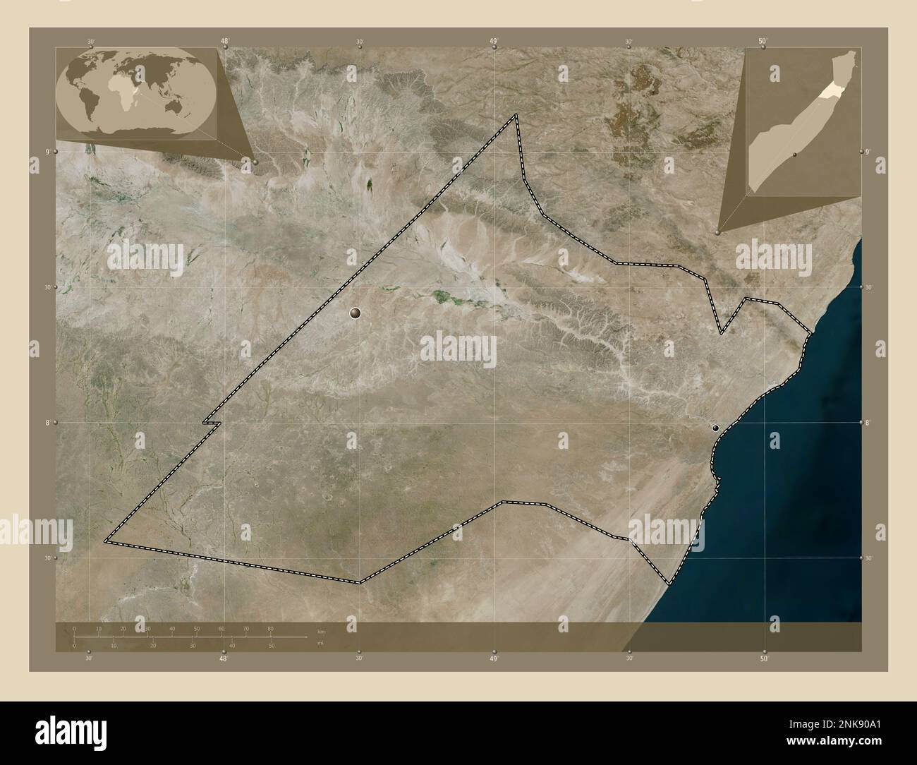 Nugaal, region of Somalia Mainland. High resolution satellite map. Locations of major cities of the region. Corner auxiliary location maps Stock Photo