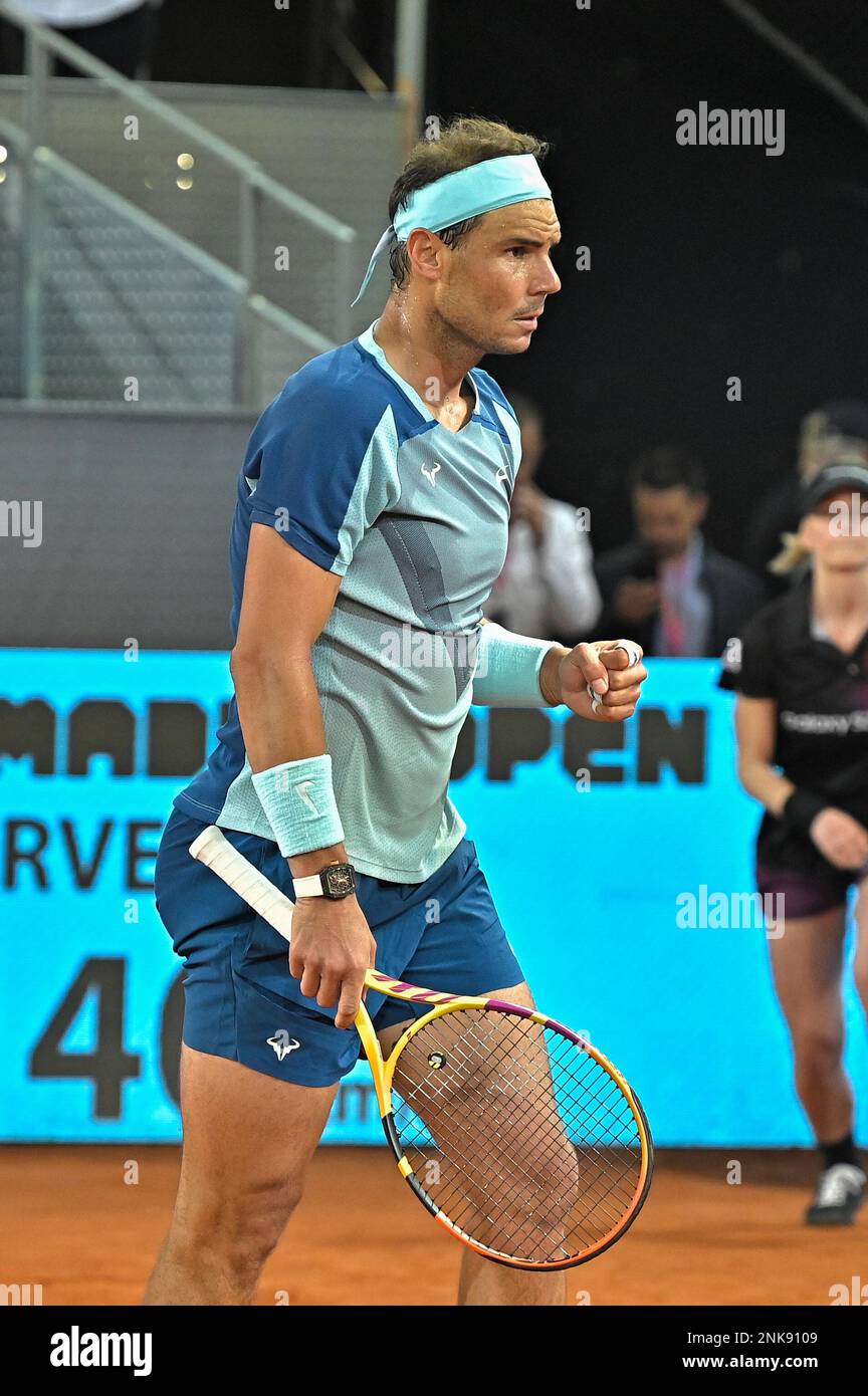 Tennis player Rafa Nadal playing against Miomir Kecmanovic at the Mutua Madrid Open, on May 4, 2022, in Madrid (Spain)