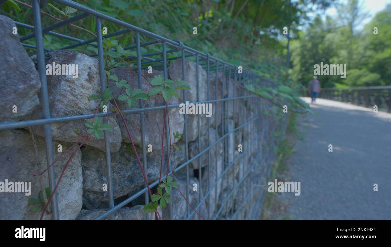 Wire Gabion Rock Fence. Stone wall texture rocks behind metal grid