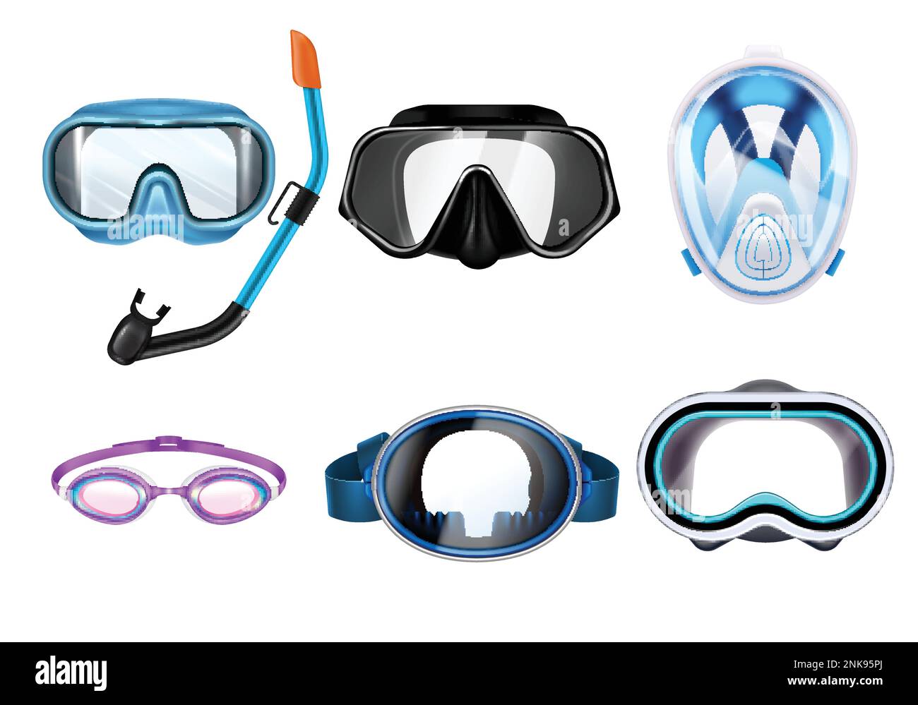 Set of diving snorkelling masks in different colours isolated on white