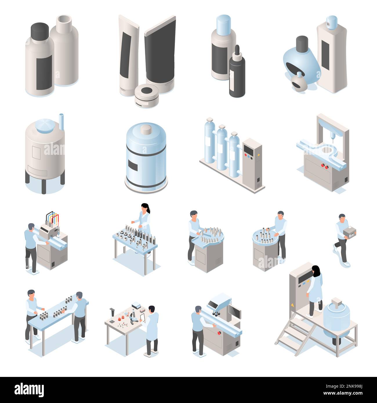 Set with isolated isometric cosmetic production icons with views of ...