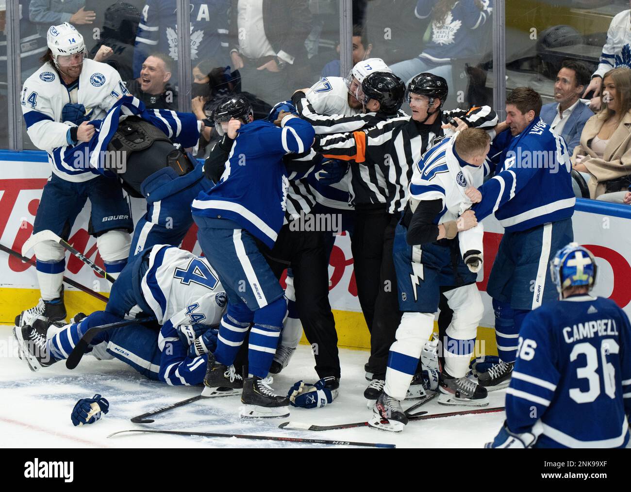 Toronto Maple Leafs and Tampa Bay Lightning fight during the third