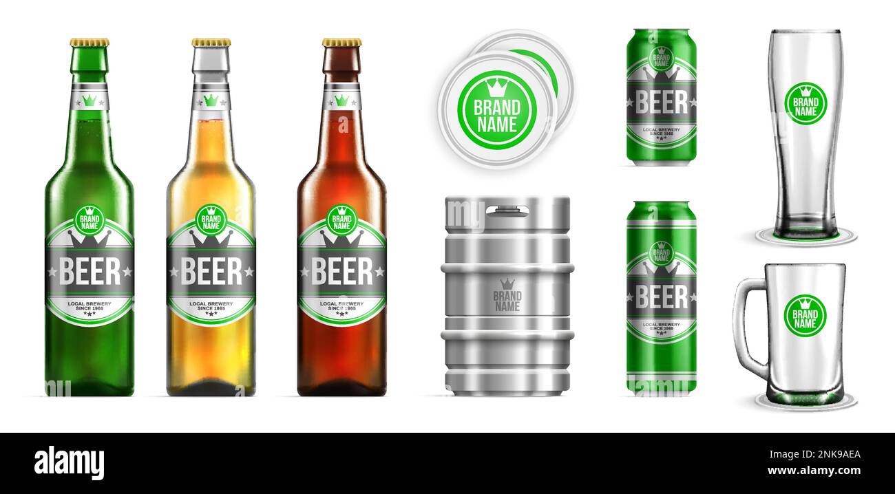 Realistic beer mockup icon set three kinds of beer bottles of different