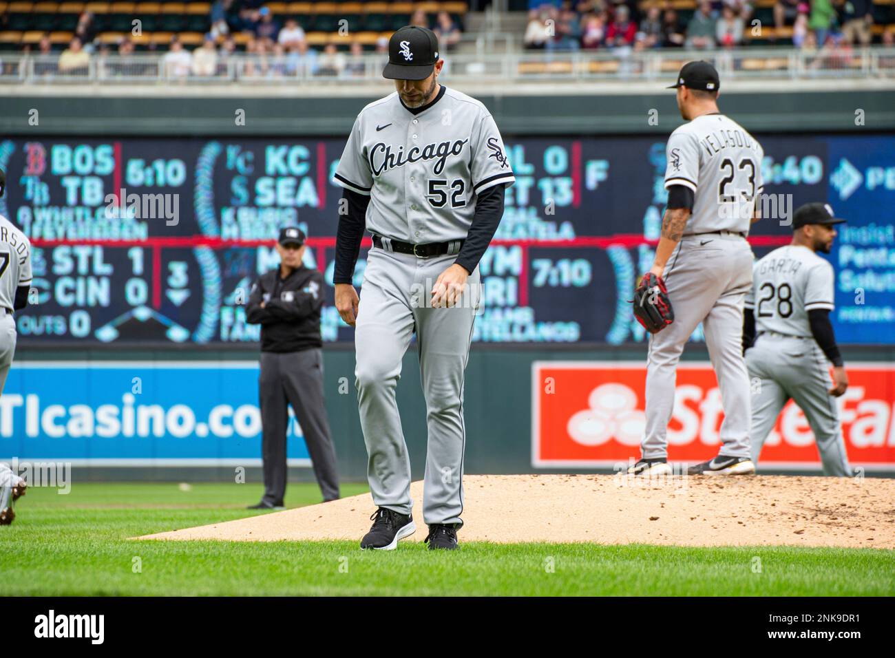 MINNEAPOLIS, MN - APRIL 23: Chicago White Sox third base coach Joe McEwing  (47) looks on during the MLB game between the Chicago White Sox and the  Minnesota Twins on April 23nd