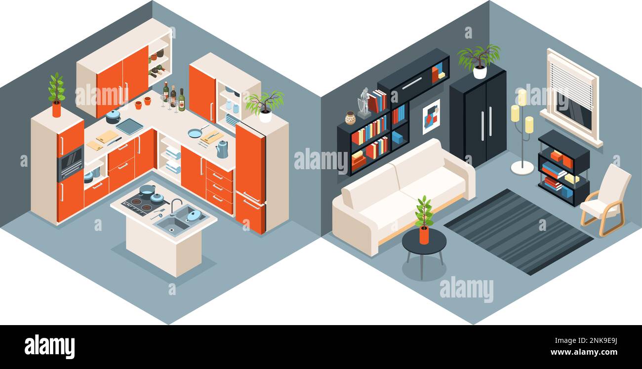 Isometric interior composition with set of two modern interior views with kitchen scenery and living room vector illustration Stock Vector