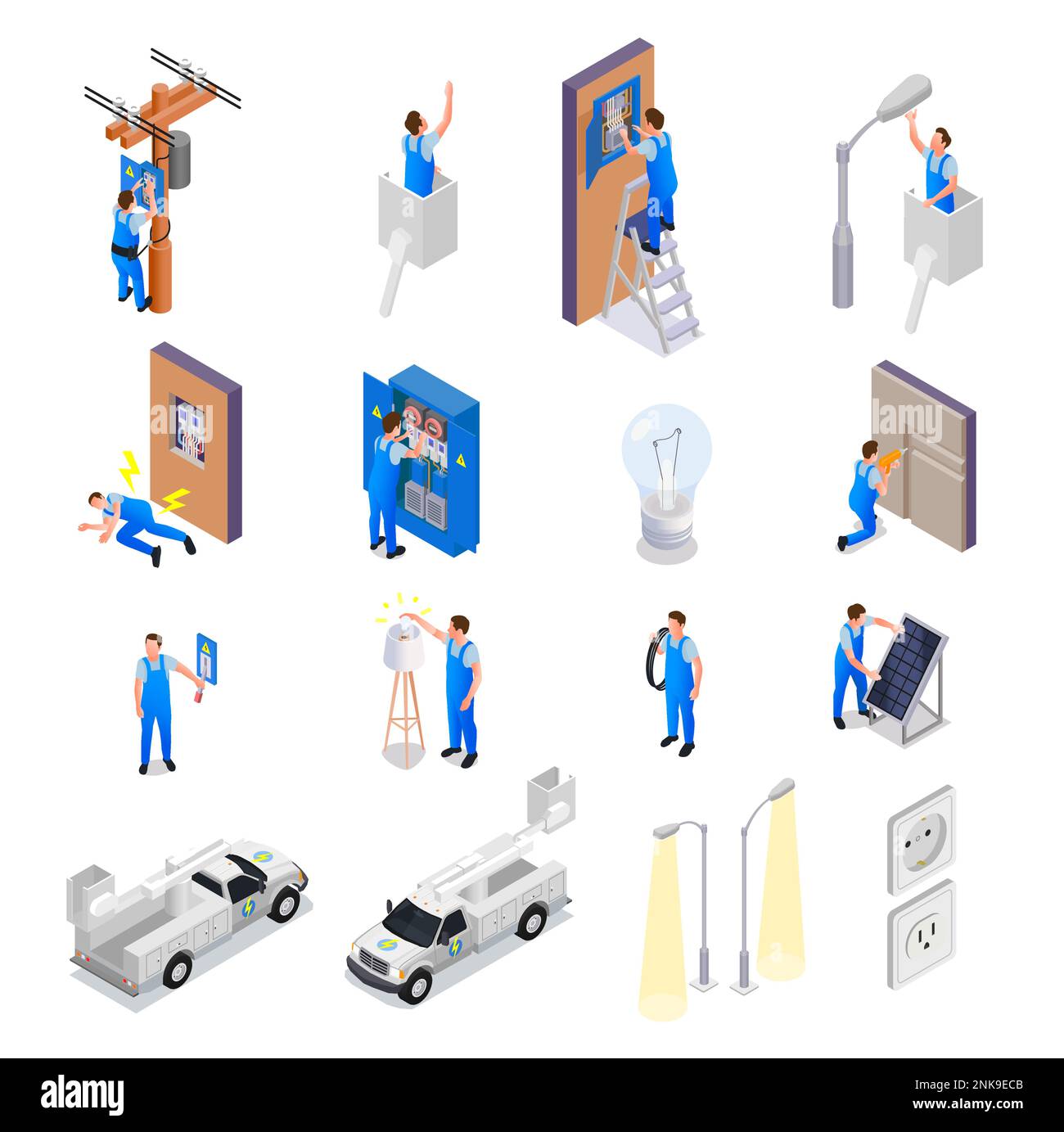 Electrician isometric set of technicians working with street lighting