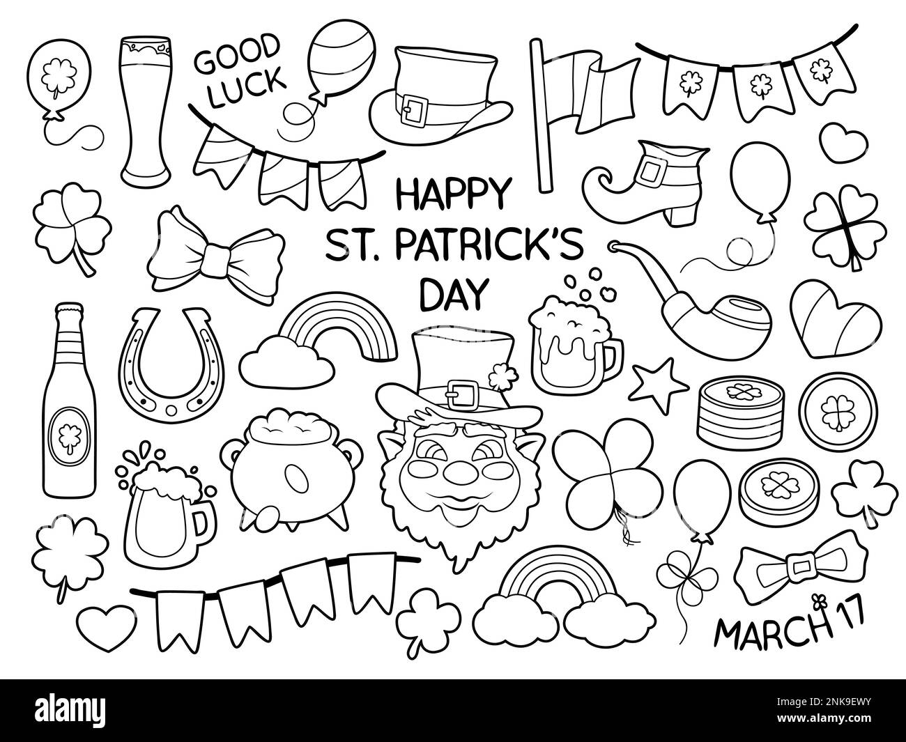 Set of Saint Patrick's day celebration themed vector illustrations. Black and white outlines for coloring. Cartoon style, hand drawn elements Stock Vector