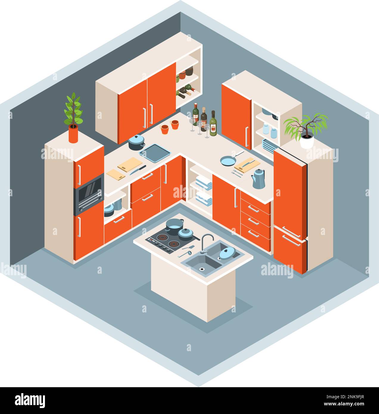 Isometric kitchen interior composition with corner view of kitchen designer furniture colored in orange with sink vector illustration Stock Vector