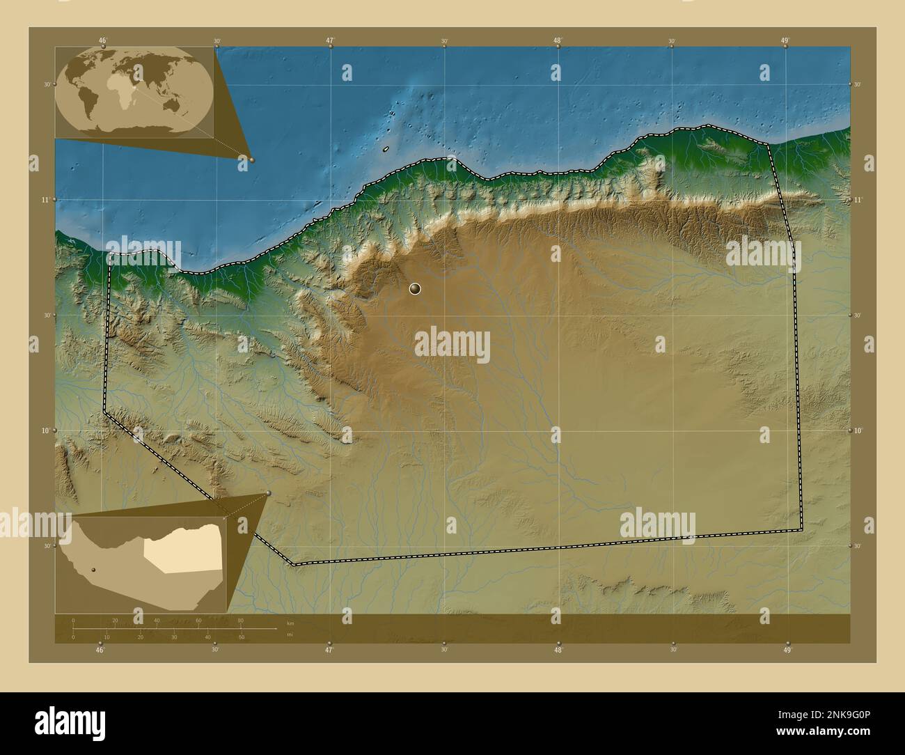 Sanaag region of Somaliland Colored - Sanaag Region Of Somaliland Colored Elevation Map With Lakes And Rivers Corner Auxiliary Location Maps 2NK9G0P 