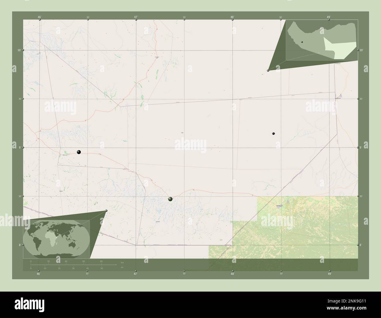 Sool, region of Somaliland. Open Street Map. Locations of major cities ...