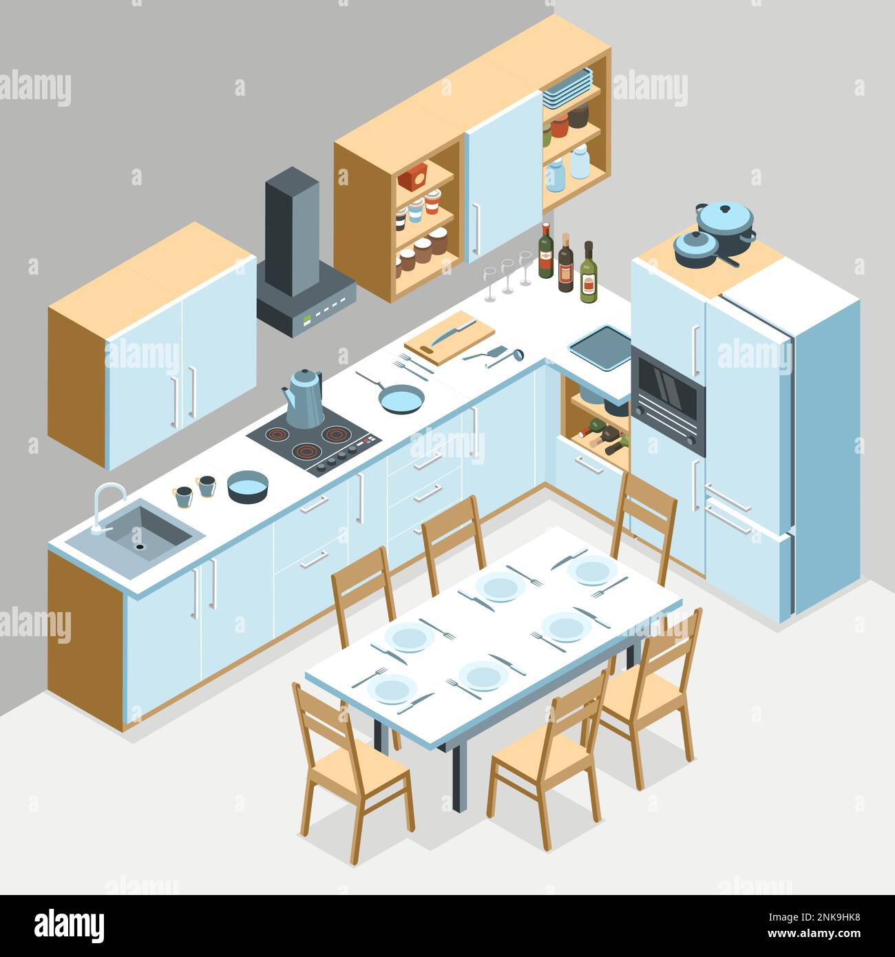 Isometric kitchen interior composition with indoor view of modern kitchen with wooden cabinets and dining table vector illustration Stock Vector