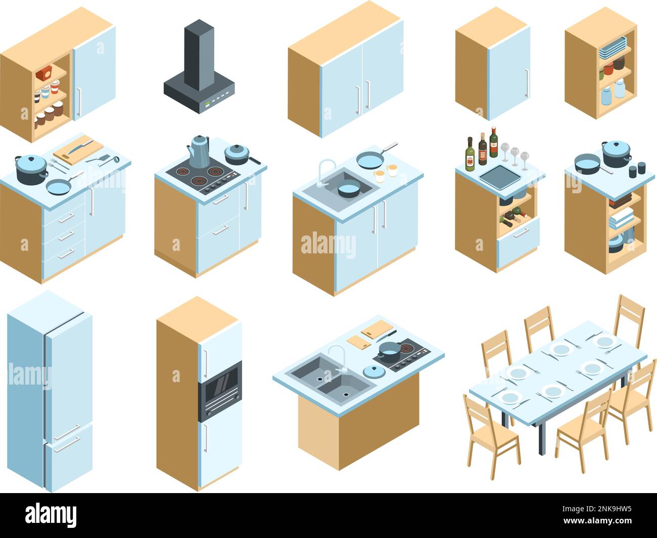 Isometric kitchen interior set with isolated icons of range fridges tableware cabinets and tables with chairs vector illustration Stock Vector