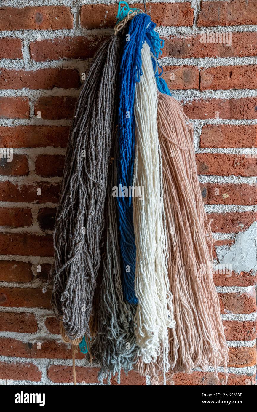 Skeins of yarn dyed with natural dyes in a family weaving in