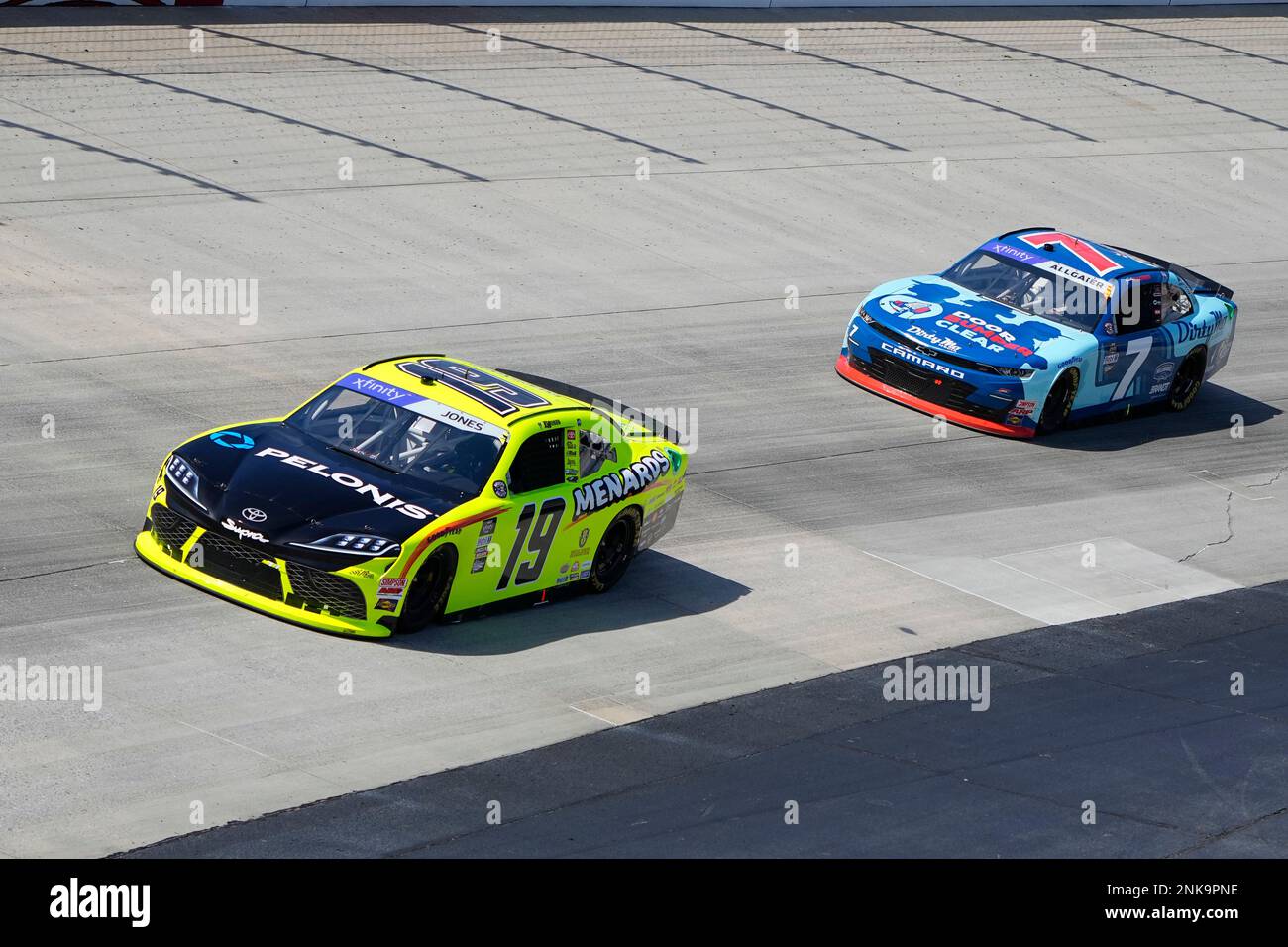 DOVER, DE - APRIL 30: Brandon Jones (#19 Joe Gibbs Racing Menards/Atlas  Toyota) and Justin Allgaier (#7 JR Motorsports Fight Hunger Spark Change  Chevrolet) race during the A-Game 200 NASCAR Xfinity Series