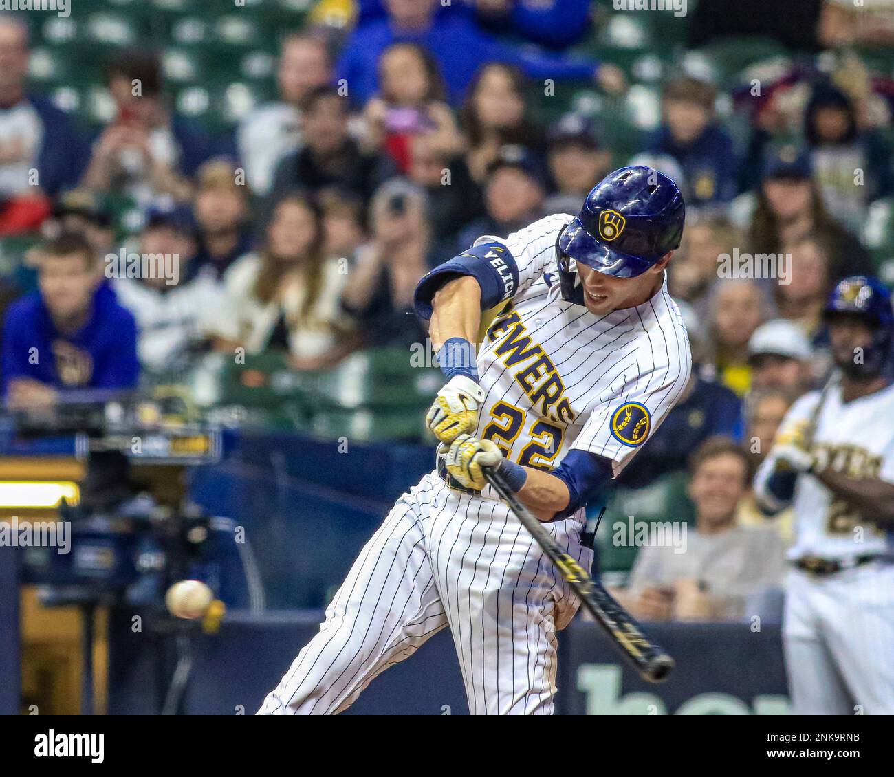 April 29, 2022 - Milwaukee Brewers first baseman Rowdy Tellez (11) stands  on second base after hitting a double during MLB Baseball action between  Chicago and Milwaukee at Miller Park in Milwaukee