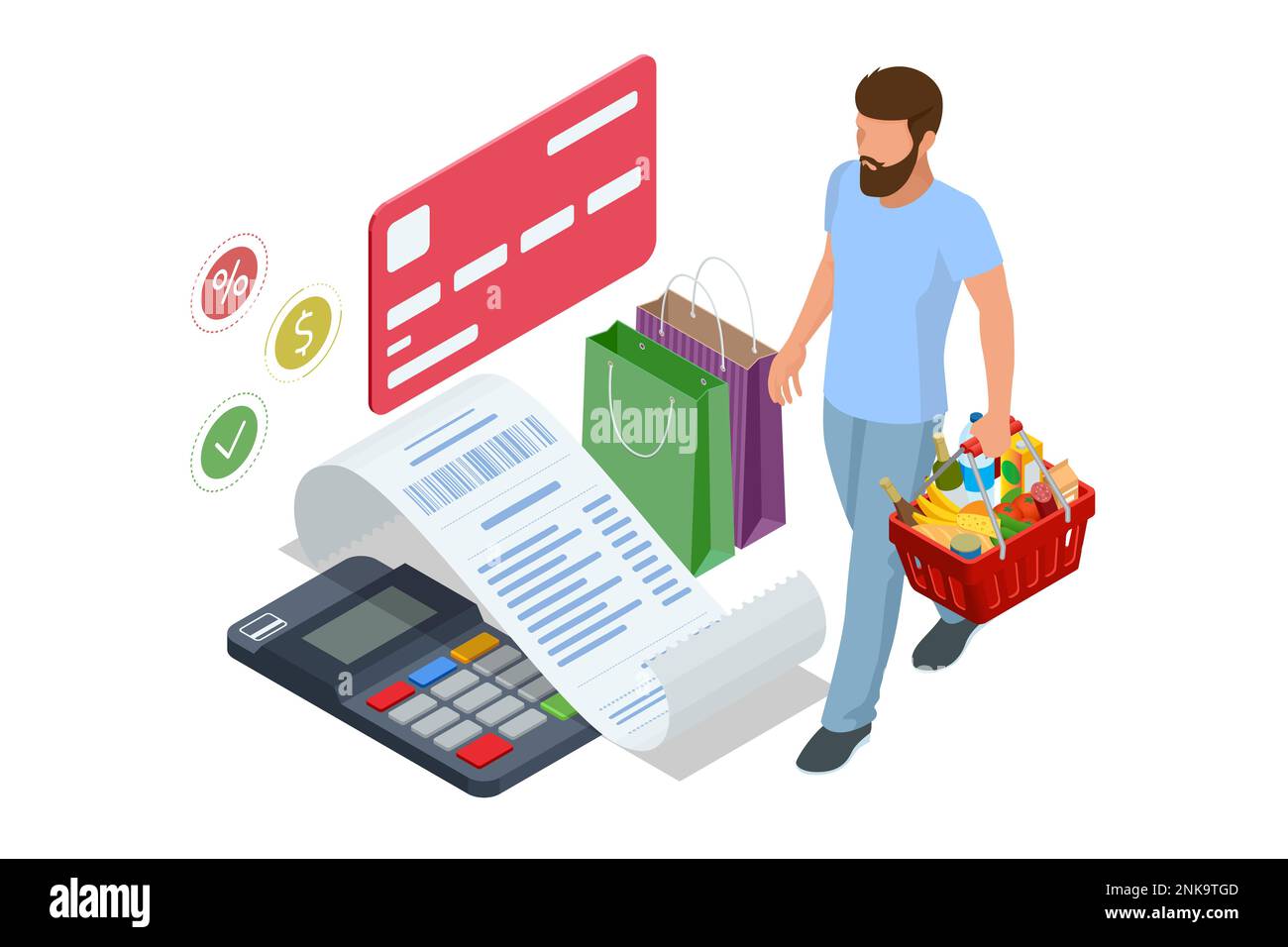 Isometric checking a grocery receipt, grocery shopping and expenses