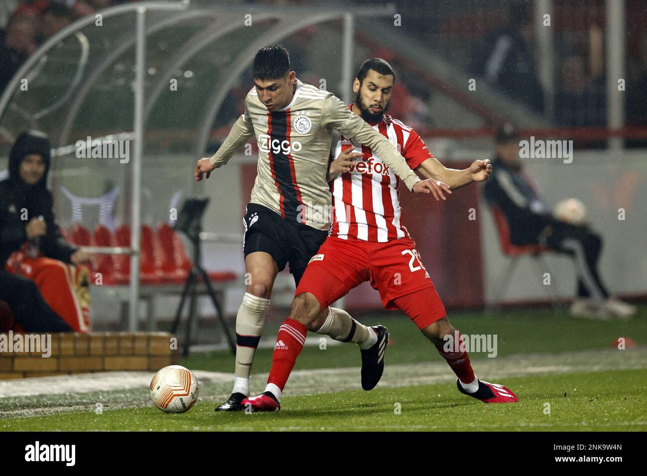 BERLIN - (lr) Edson Alvarez of Ajax, Aissa Laidouni of 1. FC Union Berlin during the UEFA Europa league play-off match between FC Union Berlin and Ajax Amsterdam and at Stadion An der Alten Forsterei on February 23, 2023 in Berlin, Germany. ANP MAURICE VAN STONE Stock Photo