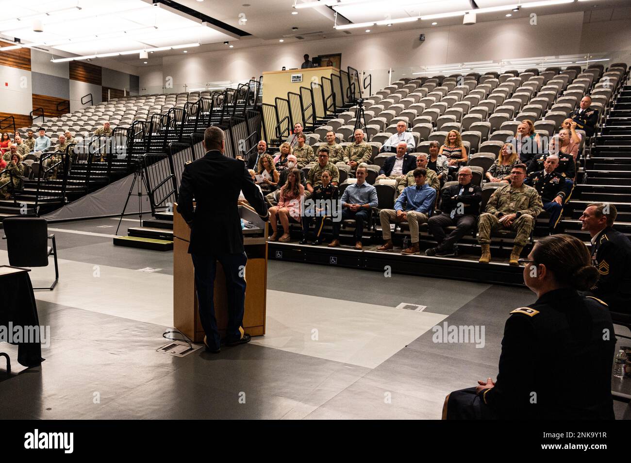 Col. Norman C. Waters speaks to friends, family and assembled guests as part of his retirement ceremony, Fort Detrick, Maryland, Aug. 12, 2022. Waters ended his career a “Soldier-Scientist” as director, Force Health Protection, U.S. Army Medical Materiel Development Activity (USAMMDA) – during his career, Waters served across the globe helping fight infectious diseases and spearheading research to help better equip and protect U.S. service members. USAMMDA is a subordinate command of the U.S. Army Medical Research and Development Command, under the Army Futures Command. As the premier develope Stock Photo