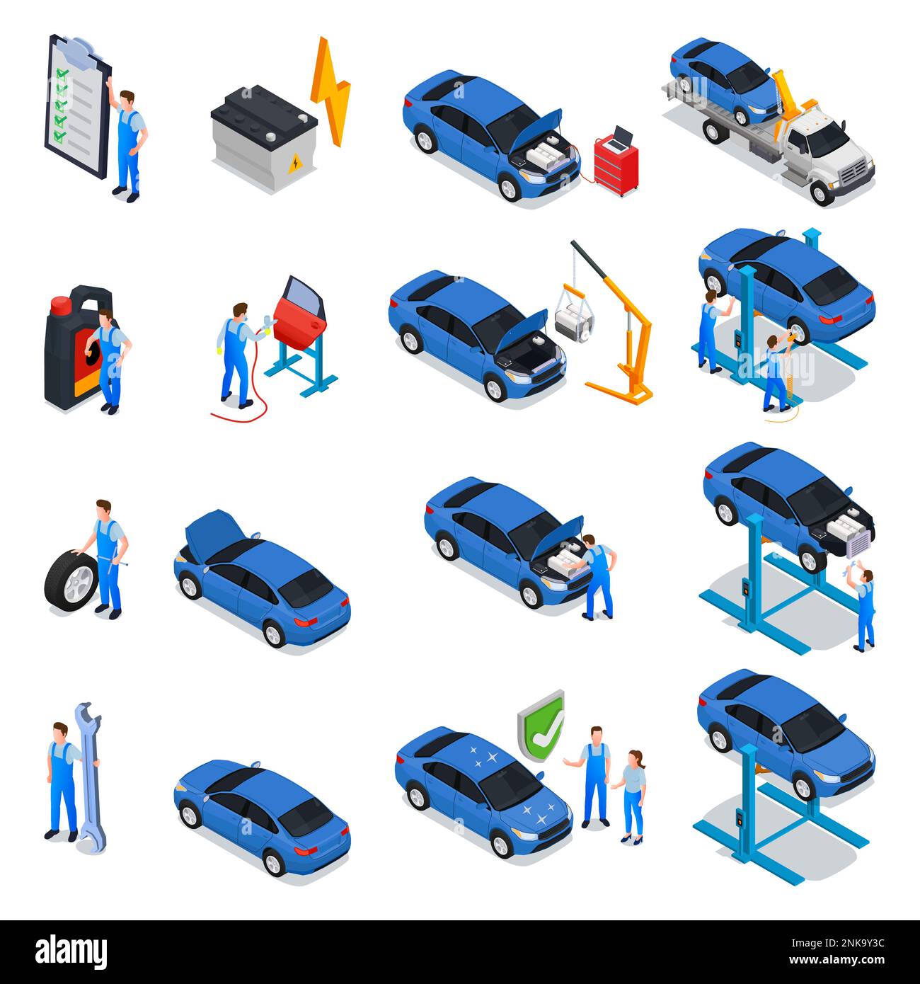 Car service isometric set of workers providing inspection maintenance repair tire service in workshop isolated vector illustration Stock Vector