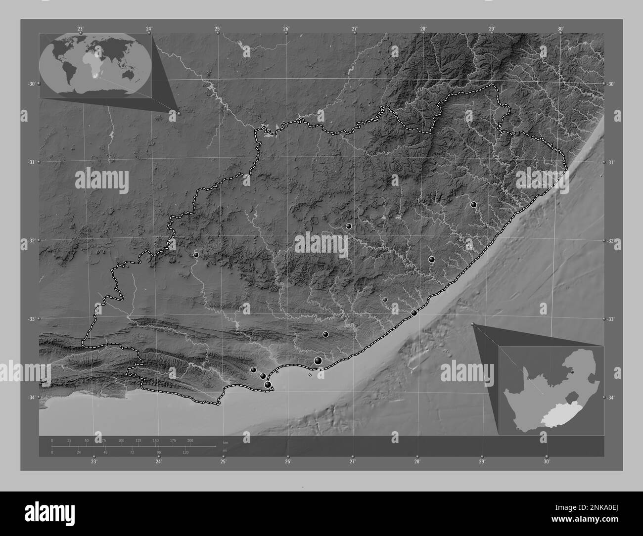 Eastern Cape, province of South Africa. Grayscale elevation map with
