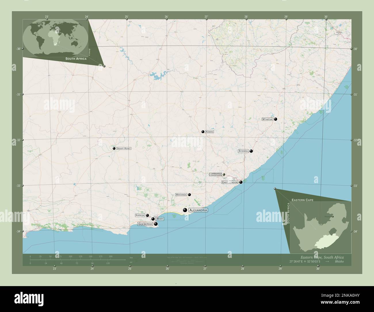 Eastern Cape, province of South Africa. Open Street Map. Locations and