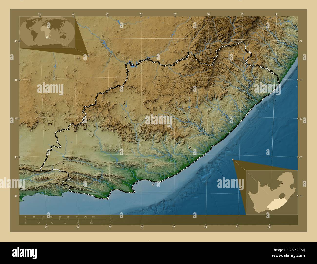 Eastern Cape Province Of South Africa Colored Elevation Map With Eastern Cape Province Of South Africa Colored Elevation Map With Lakes And Rivers Corner Auxiliary Location Maps 2NKA0MJ